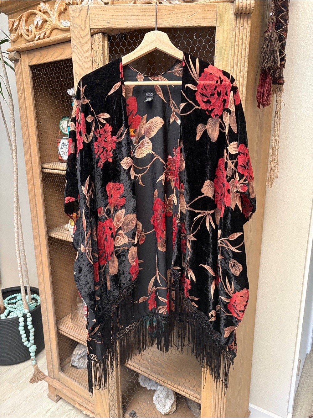 Roffe Accessories Velvet Kimono Cardigan with Fringe